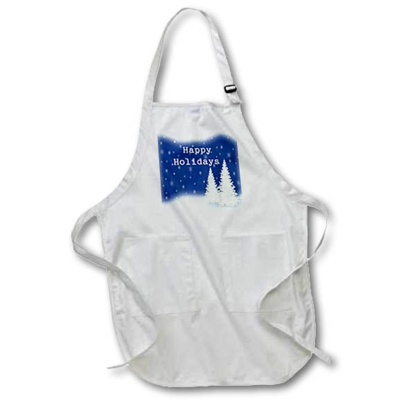 Apron - Image of Deep Blue Sky And White Trees With Snow Say Happy Holidays lens Art by Florene - Christmas