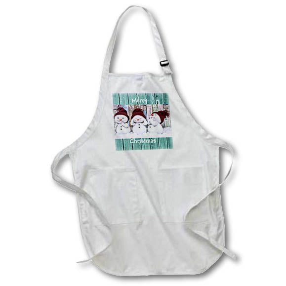 Apron - Image of Three Cute Snowmen With Santa Hats On Country Wood lens Art by Florene - Christmas