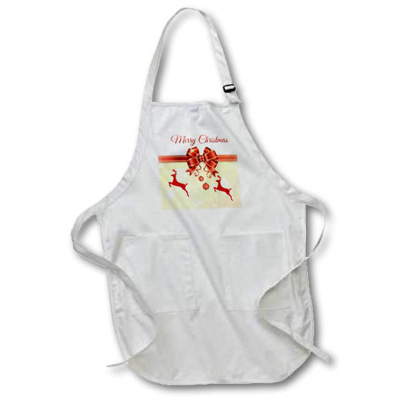 Apron - Image of Big Gold Gift With Red Reindeer And Bow Say Merry Christmas lens Art by Florene - Christmas