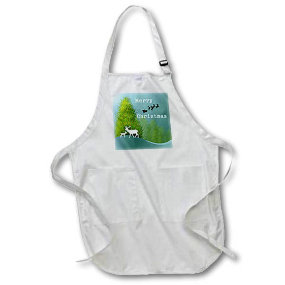 Apron - Image of Aqua Sky Green Trees And White Deer With Santa Sleigh lens Art by Florene - Christmas
