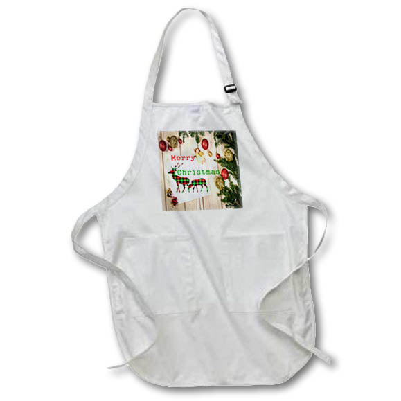 Apron - Image of Buffalo Plaid Deer On Country Wood With Red Ornaments lens Art by Florene - Christmas