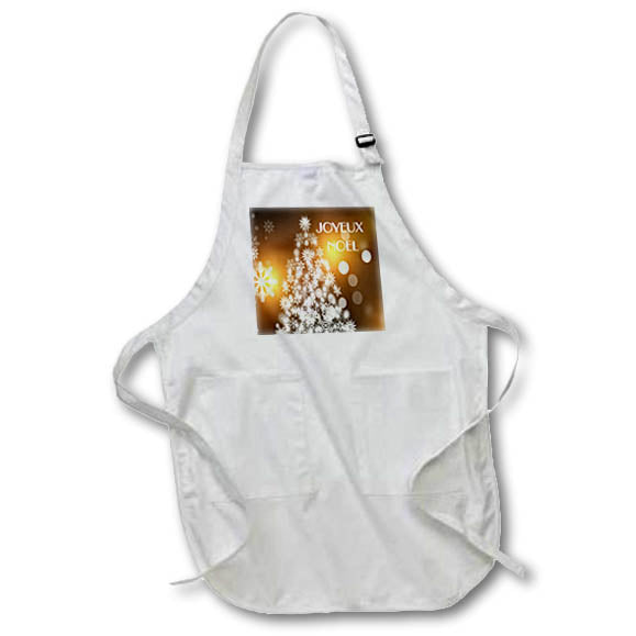 Apron - Image of Joyeux Noel with White Tree And Snowflakes On Satiny Gold lens Art by Florene - Christmas