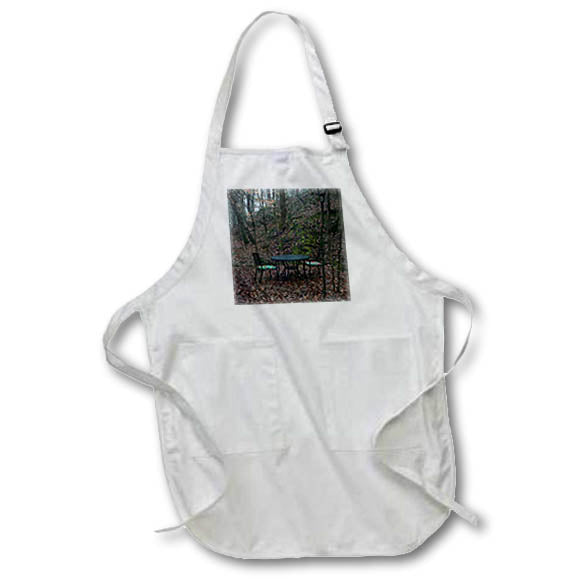 Apron - Photograph of an iron table and set of chairs hidden in the woods. Stamp City - landscape