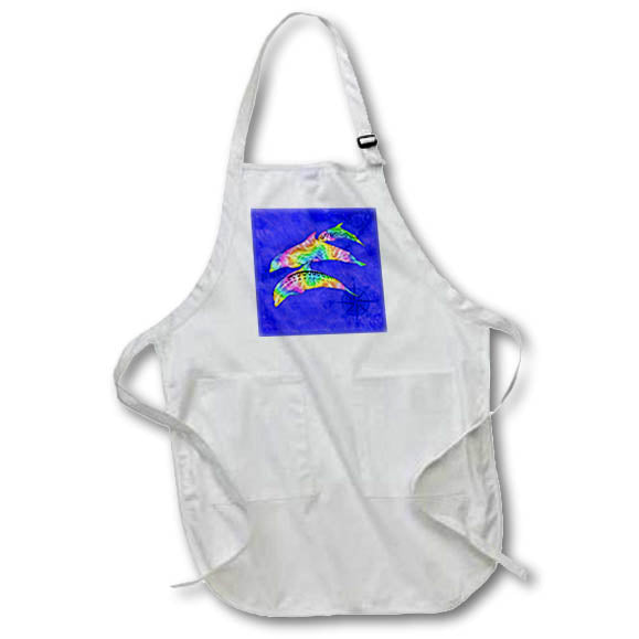 Apron - A pod of colorful rainbow tribal dolphins over a blue nautical map. Creative Studios – Tribal Ocean Animals