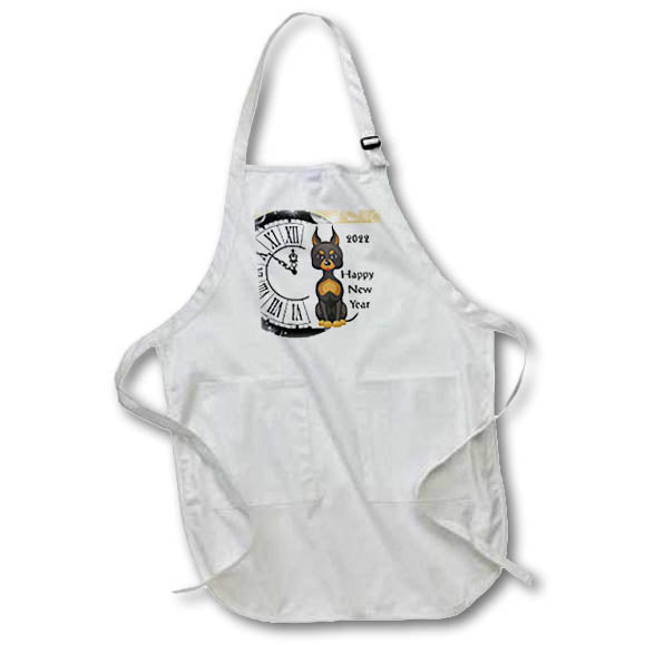 Apron - Image of Dog And Antique Clock Say Happy New Year Black white Brown lens Art by Florene - Happy New Year
