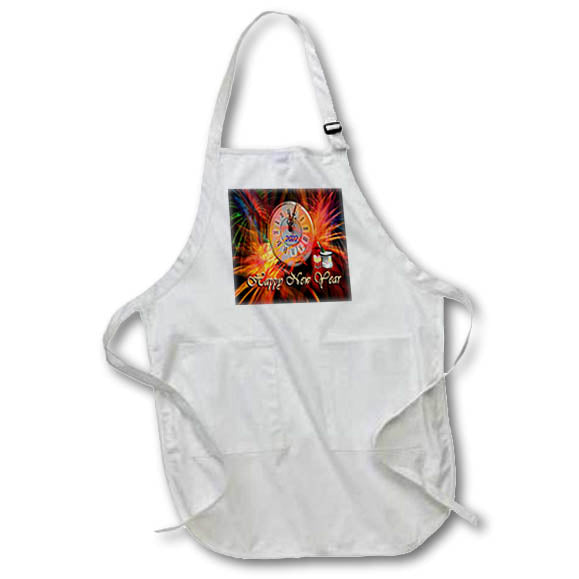 Apron - Image of Midnight Clock On Red Yellow Fireworks With Champagne lens Art by Florene - Happy New Year