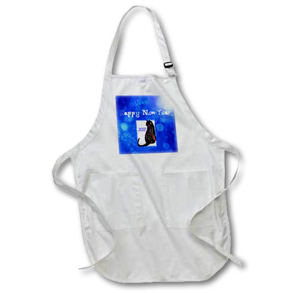 Apron - Image of Blue Happy New Year With Black Cat And Streamers lens Art by Florene - Happy New Year