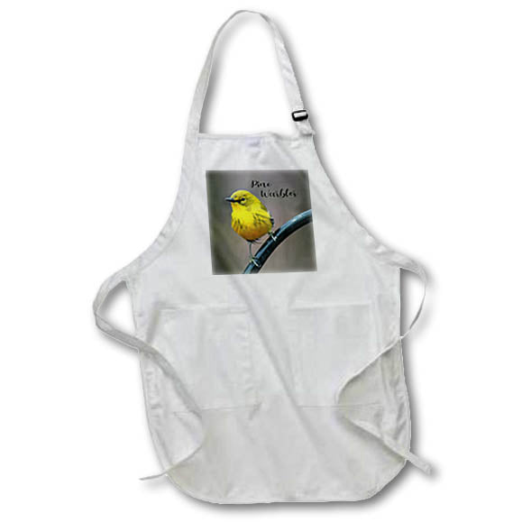 Apron - Photograph of a male pine warbler perched on a metal arch with text. Stamp City - typography - bird