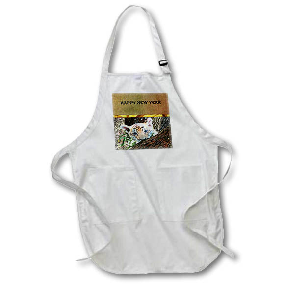 Apron - Image of Photo Of Tiger Cub Peeks Under Happy New Year Text lens Art by Florene - Chinese New Year