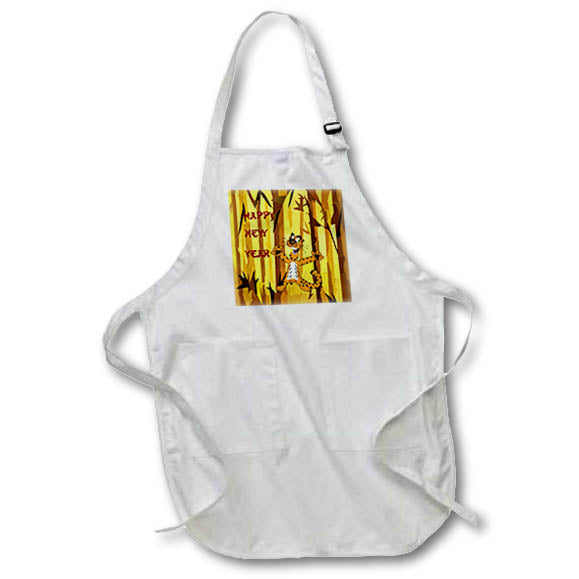 Apron - Image of Cartoon Tiger On Yellow Brown Bamboo Happy New Year Text lens Art by Florene - Chinese New Year