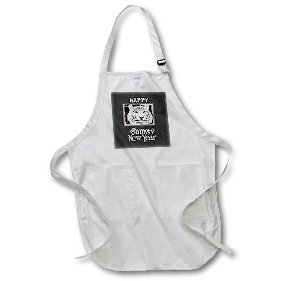 Apron - Image of Black And White Happy Chinese New Year With White Tiger lens Art by Florene - Chinese New Year