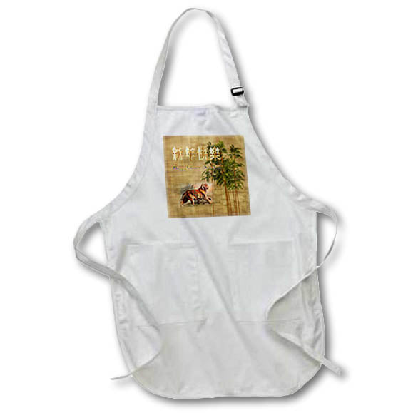 Apron - Image of Real Tiger Photo On Woven Tan with Green Bamboo Gold Text lens Art by Florene - Chinese New Year
