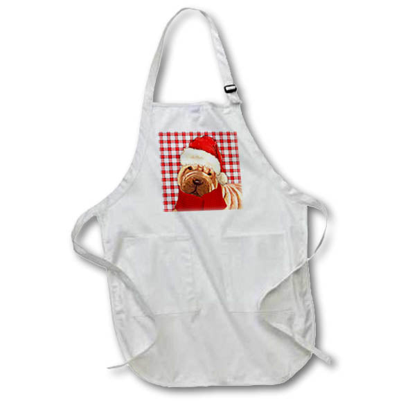 Apron - Red and White Checkered Plaid and Cute Christmas Shar Pei Dog Fleas NaviDOG Collection