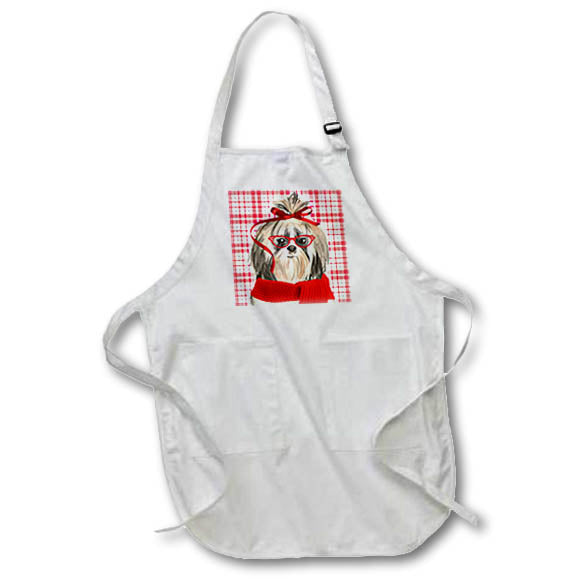 Apron - Cute Shi Tzu in Horn Rimmed Red Glasses and Winter Scarf Christmas Fleas NaviDOG Collection