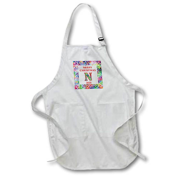 Apron - Letter N Rainbow Tie Dye Holly Border Monogram Christmas- Tie Dye Holly Monogram