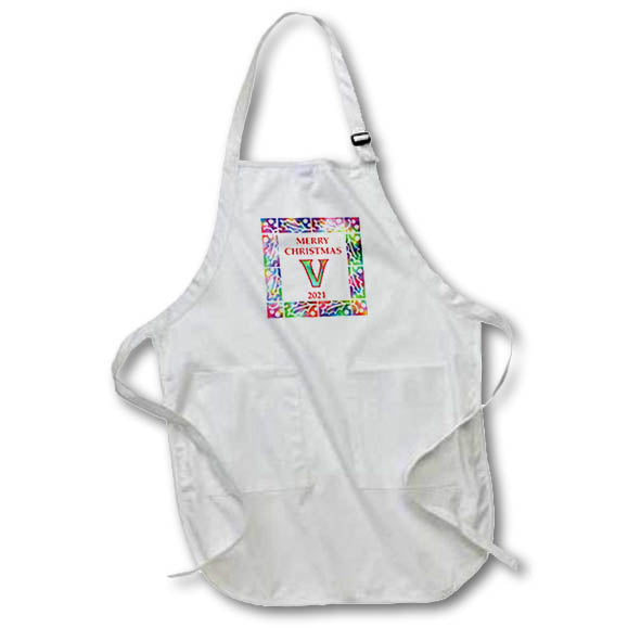 Apron - Letter V Rainbow Tie Dye Holly Border Monogram Christmas- Tie Dye Holly Monogram