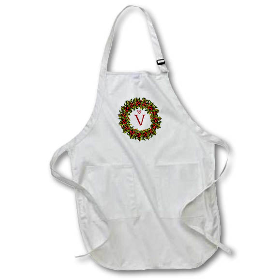 Apron - Letter V- Red Berry Holly Wreath with scribble heart Monograms- Red Berry Holly Wreath