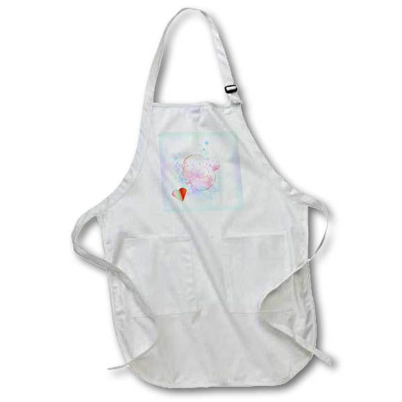 Apron - Image of Sweet Baby Pink Manatee On Pastel Back with Striped Heart lens Art by Florene - Love Critters On Gradient