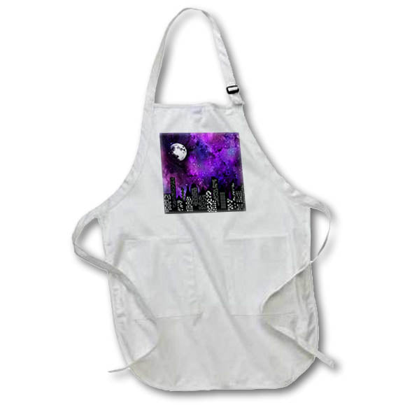 Apron - Modern Purple and Blue Image Of Watercolor City Skyline At Night Patterns