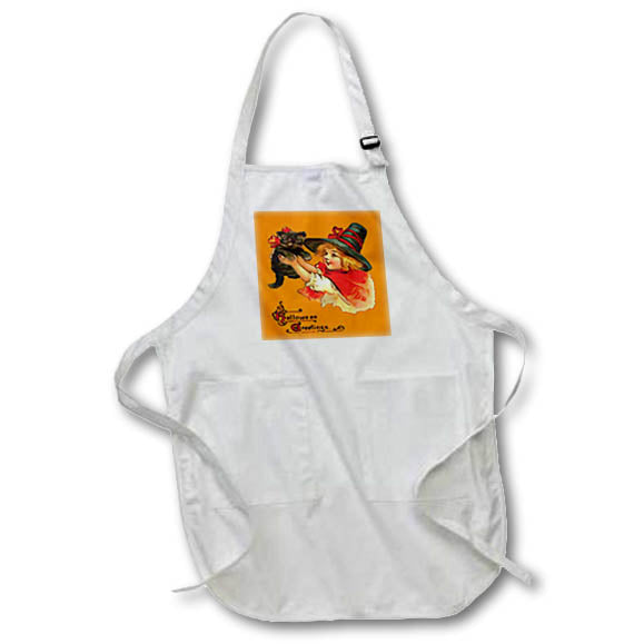 Apron - Girl With Black Cat Halloween Greetings On Orange Vector Art - Halloween Greetings