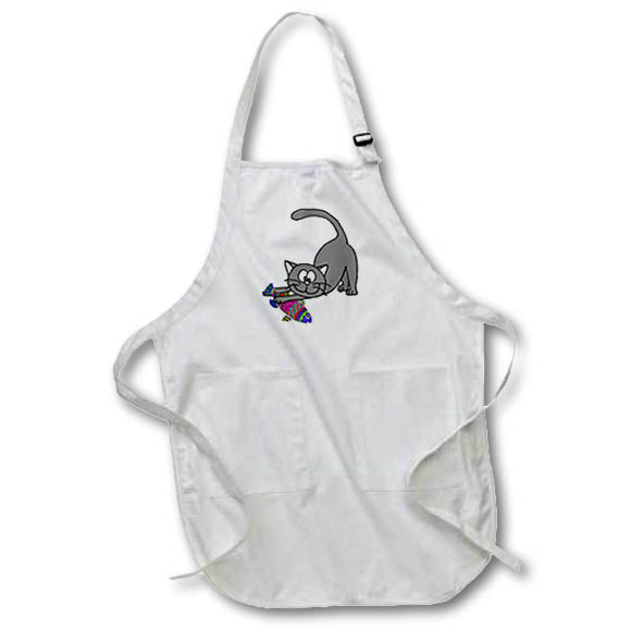 Apron - Cute Funny Blue Grey Playful Kitty Cat Crouching with Fish Cartoon Pets