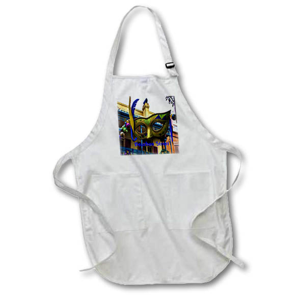 Apron - Image of Giant Gold And Bright Blue Mask In Front Of Bourbon Street lens Art by Florene - Mardi Gras