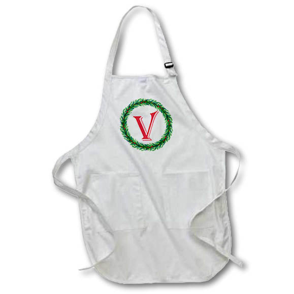 Apron - Christmas Wreath Monogram V Red Initial, SM3DR Christmas Monograms