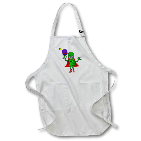 Apron - Funny Cute Pickle Superhero Playing Pickleball Sports Cartoon Sports and Hobbies