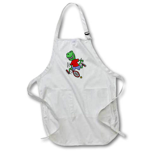Apron - Funny Cute Green T-rex Dinosaur Playing Tennis Sports Cartoon Sports and Hobbies