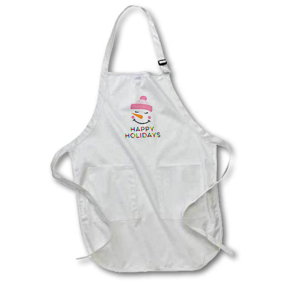 Apron - Smiling snowman in pink skiing cap. Colorful text Happy Holidays Alexis Design - Holidays Christmas And New Year