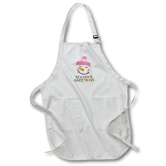 Apron - Nice snowman in pink skiing cap. Colorful text Seasons Greetings Alexis Design - Holidays Christmas And New Year