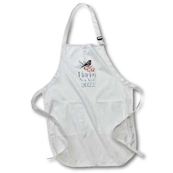 Apron - A cute red bird and red berries. Red berries. Happy New Year 2022 Alexis Design - Holidays New Year
