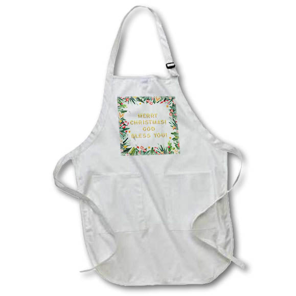 Apron - Image of marble, floral frame, Merry Christmas, God bless you text Alexis Design - Holidays Christmas