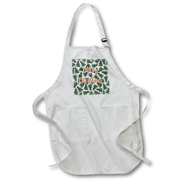 Apron - Pattern of green spruce trees on white. Cool Merry Christmas text Alexis Design - Holidays Christmas