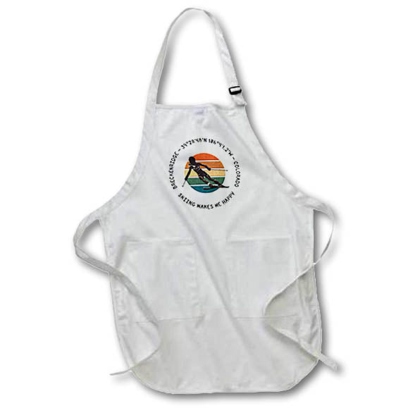 Apron - Breckenridge, Colorado. Woman skier races downhill, color disk, white Alexis Design - Sport Skiing