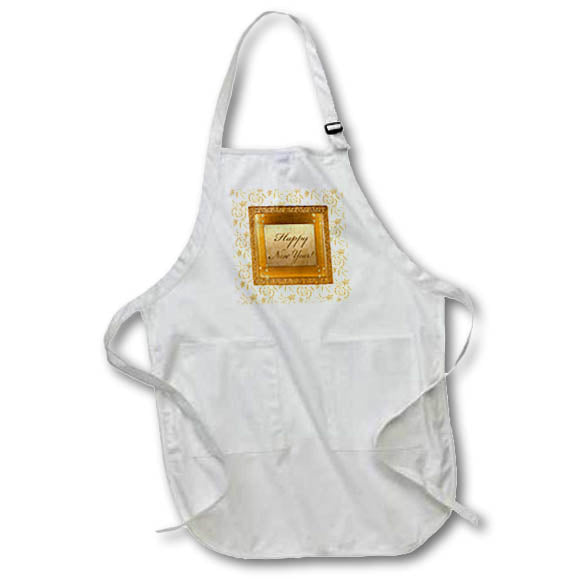 Apron - Image of Happy New Year in Elegant Pine Cone, Berry Frame, Gold New Years Design