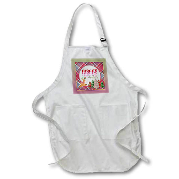 Apron - mage of Merry Merry Merry Christmas, Deer in Forest, Pink Plaid Frame Christmas Design