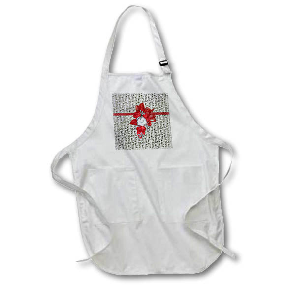 Apron - Image of Dazzling Red and Siver Ribbon and Flower Swag on Leaves Christmas Design