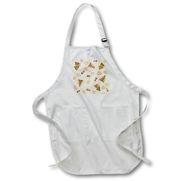 Apron - Pattern of red Christmas tree, bells, snowmans. Yellow, on pink Alexis Design - Pattern Christmas New Year