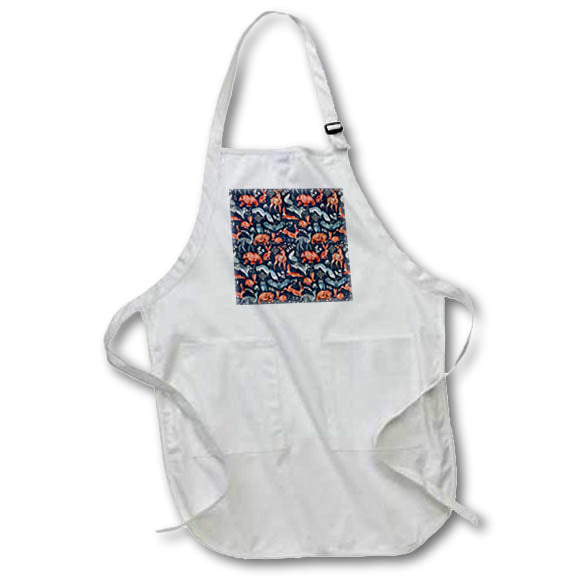 Apron - Animal pattern of deers, bears, owls, rabbits, white plants on navy Alexis Design - Pattern Animals