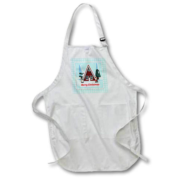 Apron - Image of Winter Cottage with Trees, Santa and Snowman, Merry Christmas Christmas Design
