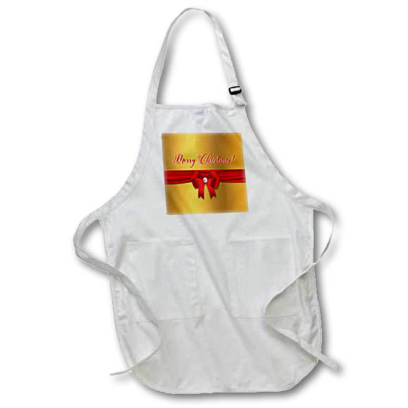 Apron - Image of Merry Christmas, Red Bow with Jewel on Gold Christmas Design