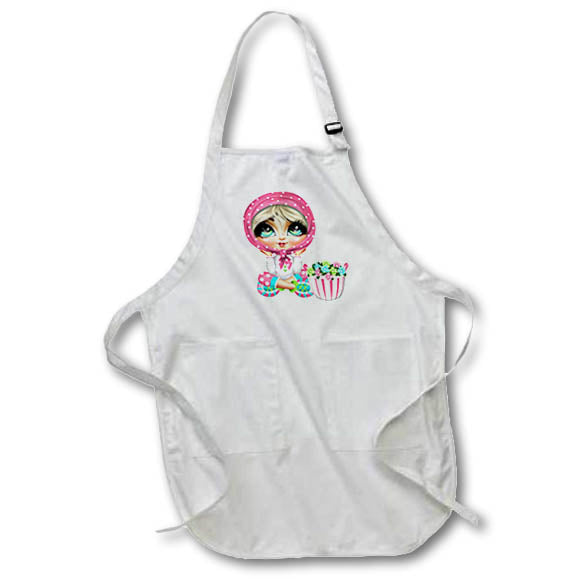 Apron - Cute Blonde Garden Girl In Pink and Aqua With Basket Of Flowers Cute Illustrations