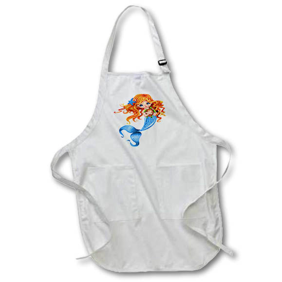 Apron - Pretty Red Headed Glamour Mermaid Holding A Turtle Illustration Cute Illustrations