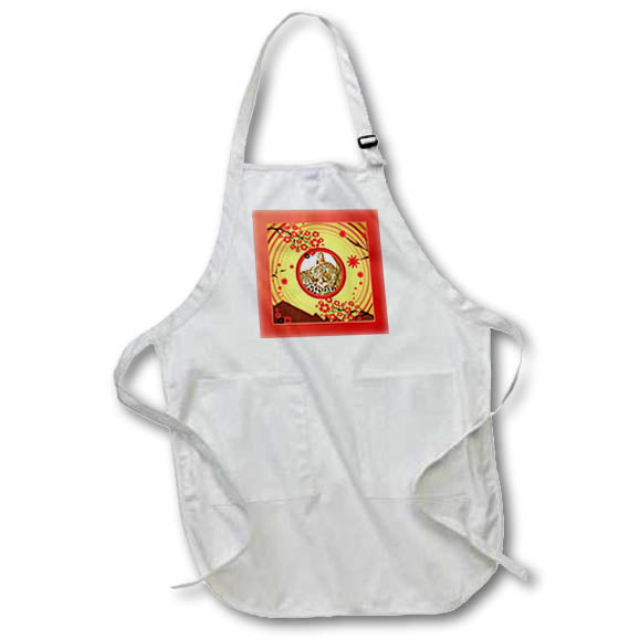 Apron - Image of Resting Tiger in Round Flowered Frame, Orange, Yellow Chinese New Year Design