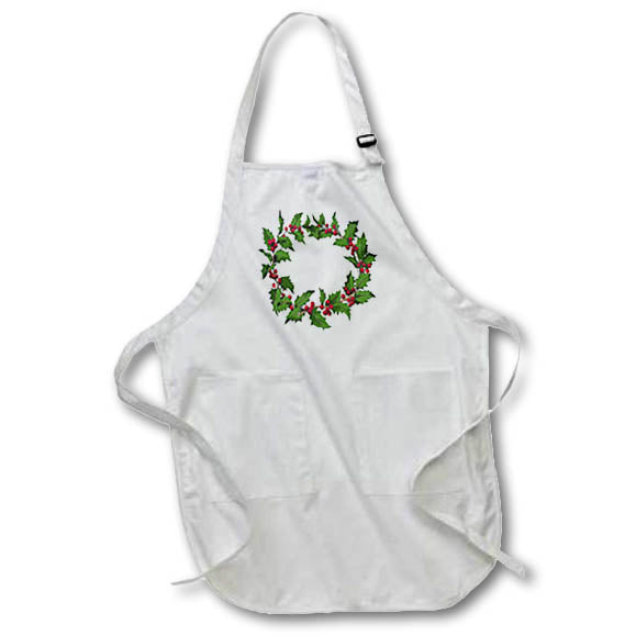 Apron - Christmas Holly Wreath Green Red On White Acrylic Painting - Holly Wreath