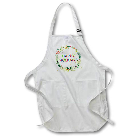 Apron - Happy Holidays colorful text, floral wreath, stars, beige background Alexis Design - Pattern Christmas New Year