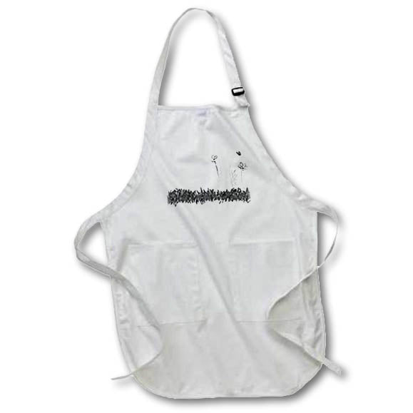 Apron - Image of Childs Drawing Of Grass Butterfly And Flowers Black White lens Art by Florene - Black And White