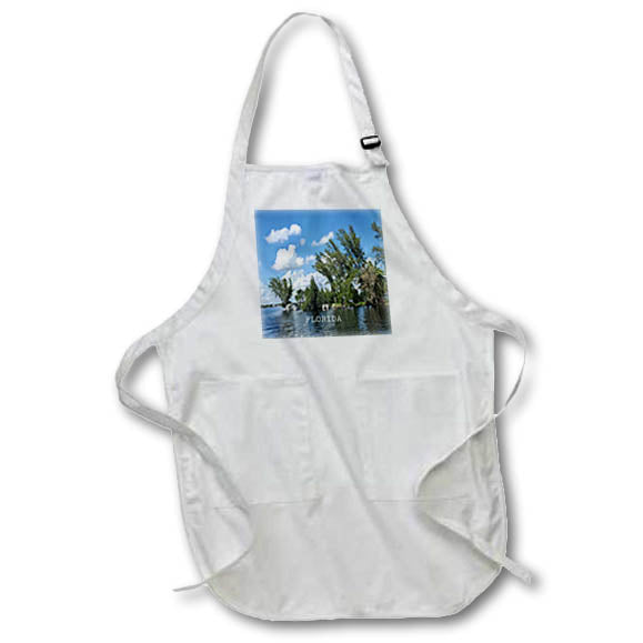 Apron - Image of Huge Pines On Island In River With Boats Docked lens Art by Florene - Florida