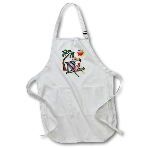 Apron - Funny Pink Flamingo Drinking Wine on Beach Chair and Sun and Palm Tree At the Beach